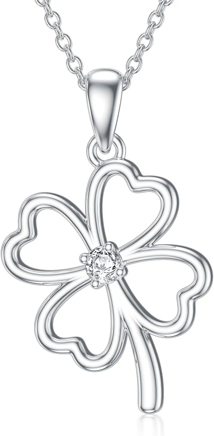 Diamond Four Leaf Clover Necklace 925 Sterling Silver Graduation Friendship Talisman Travel Diamond Jewelry Pendant for Her Women Mom Wife
