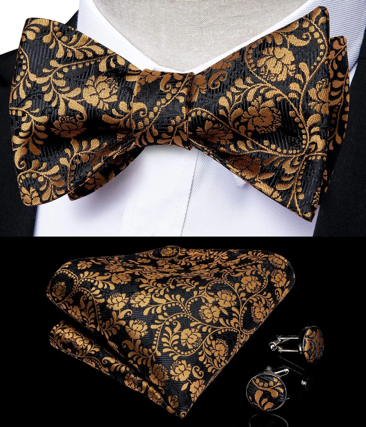 DiBanGu Mens Bow Tie Paisley Striped Self Bow Tie for Men Silk Woven Bowtie Pocket Square Cufflinks Wedding Party