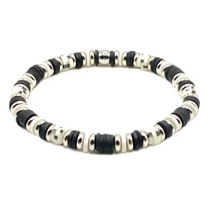 Distinct Elegance: One-of-a-Kind Heishi Bracelet in Black, White, and Silver Beaded Stretch Bracelet Polymer Clay Bead Bracelet for Summer Beach Boho Friendship