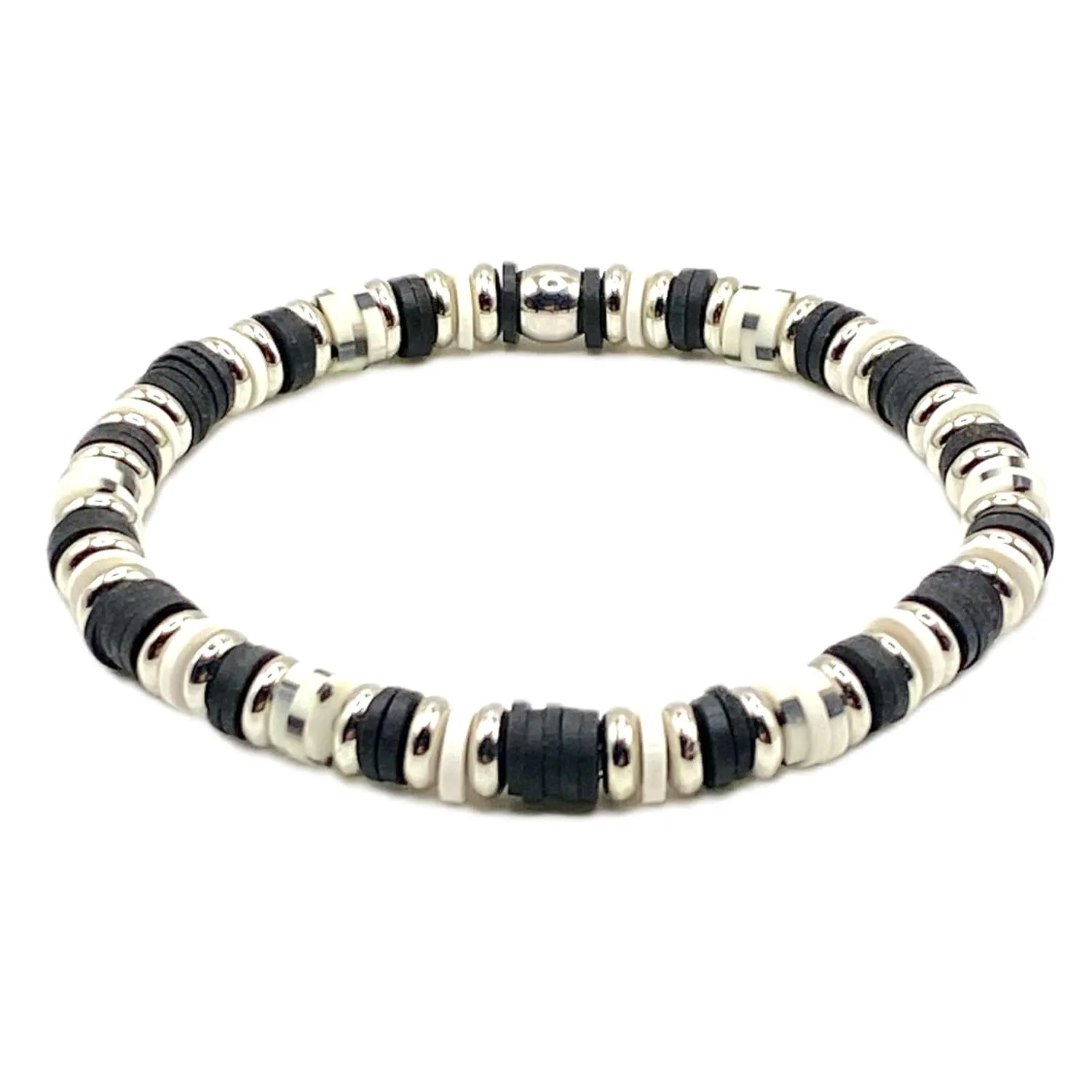 Distinct Elegance: One-of-a-Kind Heishi Bracelet in Black, White, and Silver Beaded Stretch Bracelet Polymer Clay Bead Bracelet for Summer Beach Boho Friendship