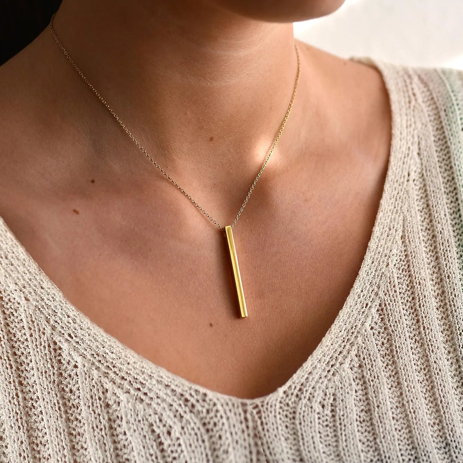 Dolceoro Inspirational Mantra Necklace, 42mm x 3mm Vertical Bar Pendant Jewelry, 316L Surgical Stainless Steel