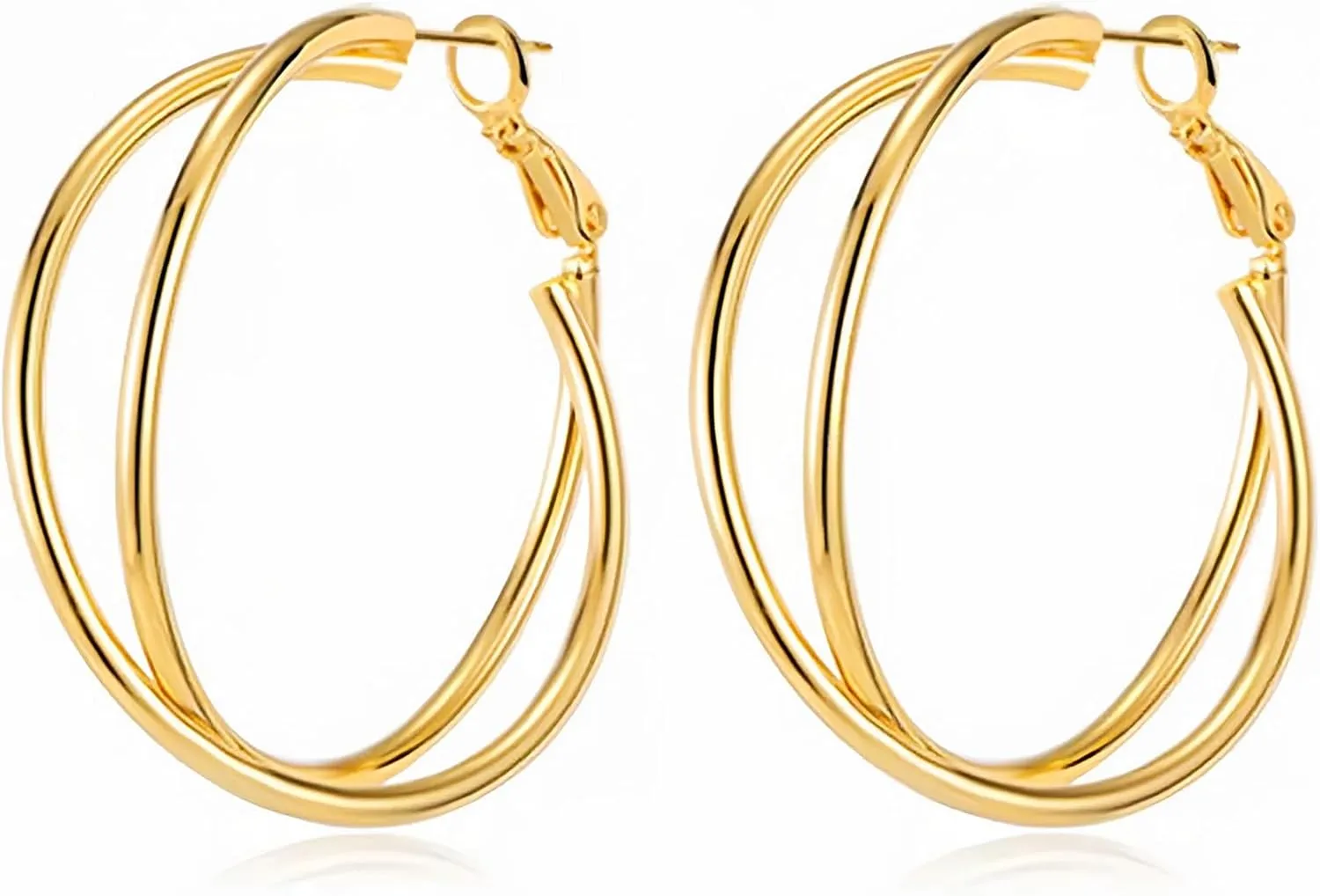 Double Layer Gold Hoop Earrings for Women 14K Gold Plated Chunky Hoops 40mm Big Trendy Earrings Hypoallergenic 925 Sterling Silver Posts Jewelry Gift