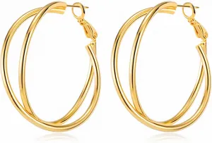 Double Layer Gold Hoop Earrings for Women 14K Gold Plated Chunky Hoops 40mm Big Trendy Earrings Hypoallergenic 925 Sterling Silver Posts Jewelry Gift