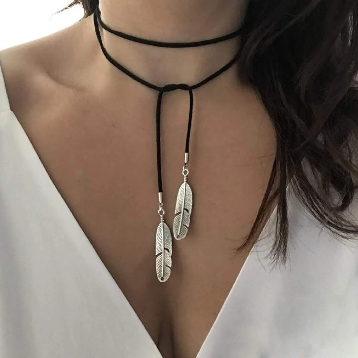 Doubnine Boho Feather Choker Wrap Multiway Necklace Vegan Suede Lariat Gothic Black Accessories for Women (silver)