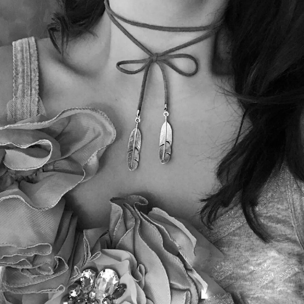 Doubnine Boho Feather Choker Wrap Multiway Necklace Vegan Suede Lariat Gothic Black Accessories for Women (silver)
