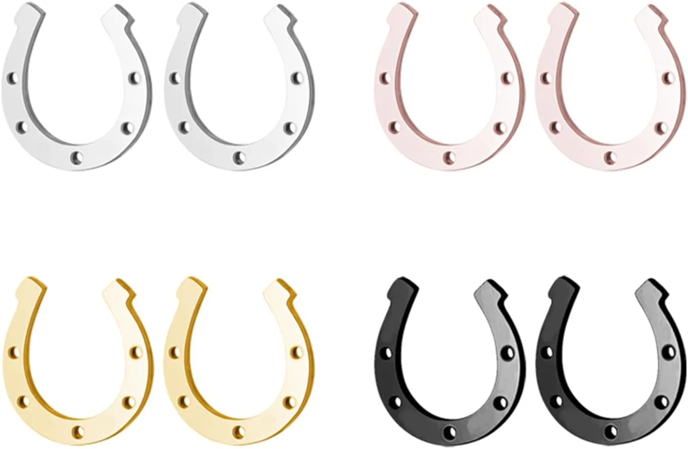 Dreuyet 4 Pairs Stainless Steel Horseshoe Stud Earrings Cute Minimalist U-Shaped Horseshoe Horse Stud Earrings Horse Animal Lover Jewelry Gifts