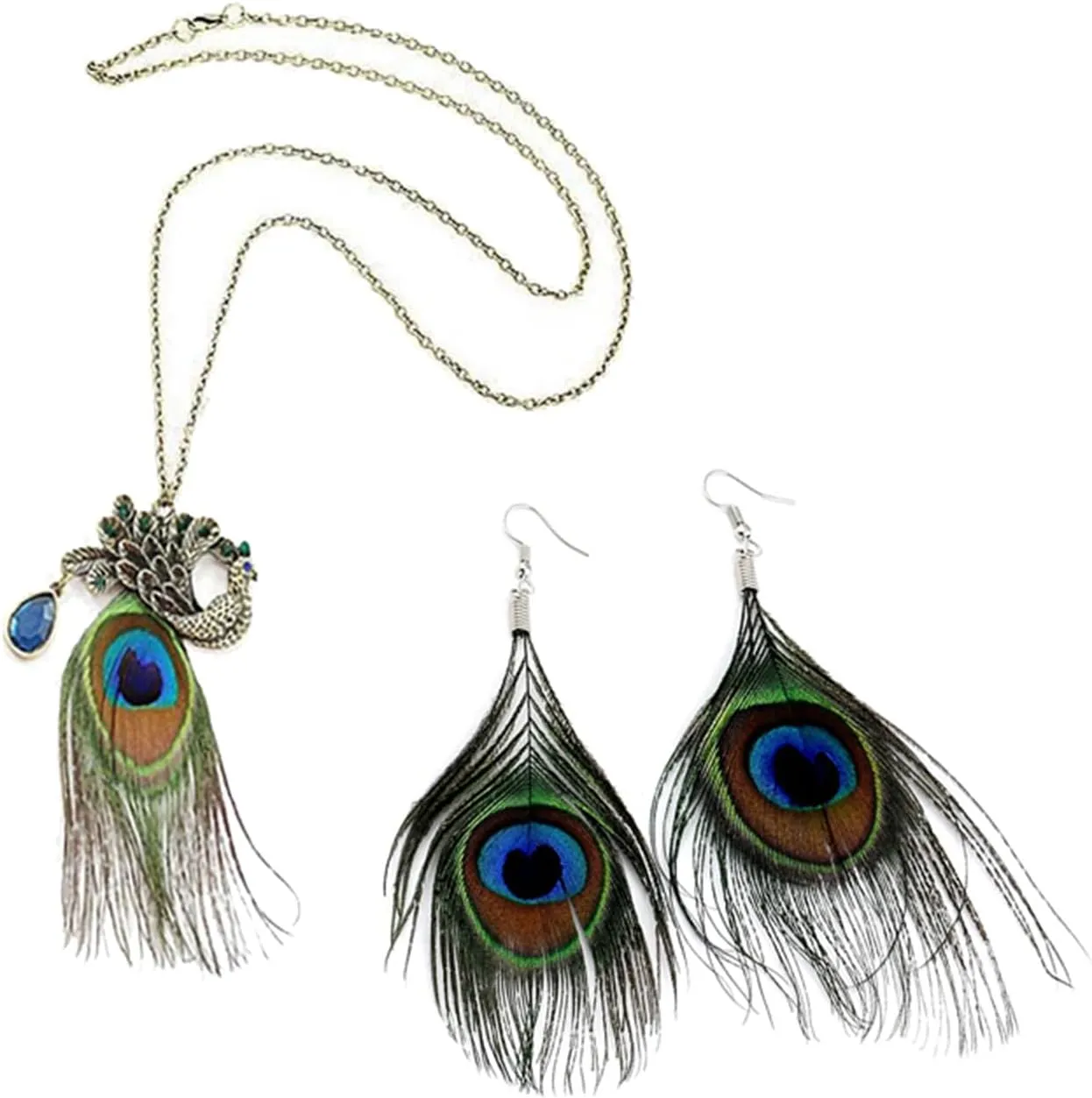 Dreuyet Bohemian Peacock Feather Necklace for Women Handmade Boho Vintage Turquoise Crystal Pendant Necklace Statement Summer Beach Retro Ethnic Jewelry