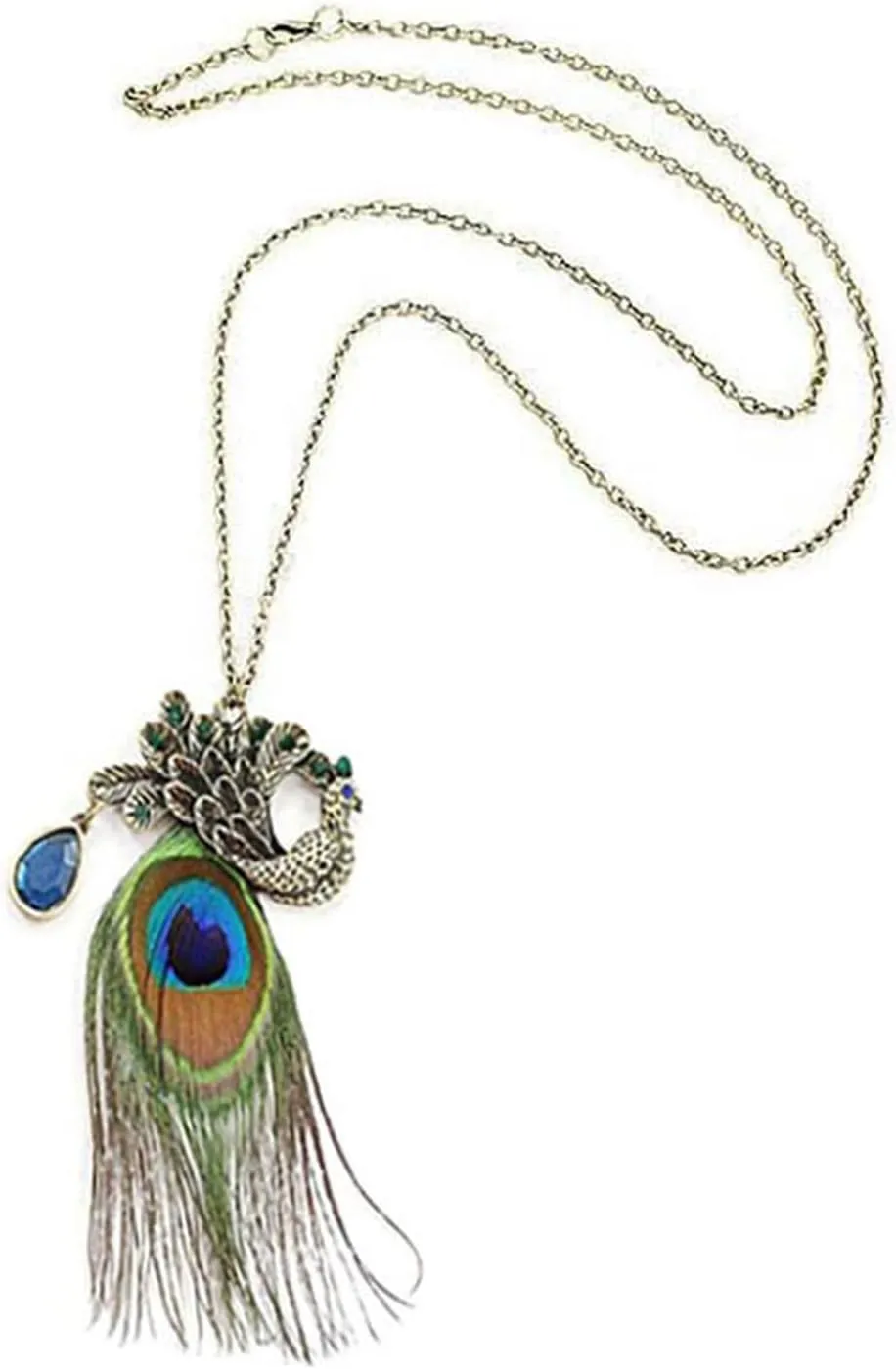Dreuyet Bohemian Peacock Feather Necklace for Women Handmade Boho Vintage Turquoise Crystal Pendant Necklace Statement Summer Beach Retro Ethnic Jewelry