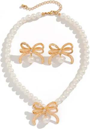 Dreuyet Pearl Bow Necklace Bow Stud Earrings Jewelry Set for Women Dainty Cute Bowknot Pearl Choker Necklace Bow Earrings Bride Bridesmaid Wedding Jewelry Christmas Party Holiday Jewelry