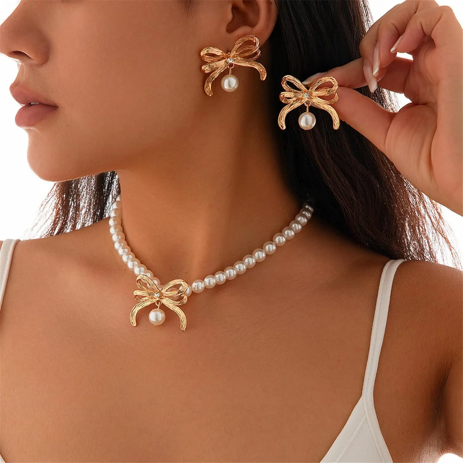 Dreuyet Pearl Bow Necklace Bow Stud Earrings Jewelry Set for Women Dainty Cute Bowknot Pearl Choker Necklace Bow Earrings Bride Bridesmaid Wedding Jewelry Christmas Party Holiday Jewelry