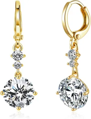 Drop Dangle Earrings Leverback 9MM 2.75ct and 2pcs Small CZ Cubic Zirconia Design 14K White Gold Plated with Hypoallergenic Hoops Gorgeous Gift for Women