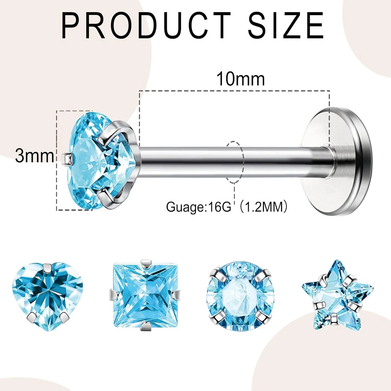 Drperfect 16G Internally Threaded Labret Stud Lip Rings Medusa Monroe Piercing 316L Stainless Steel CZ Cartilage Tragus Piercing Jewelry Forward Helix Earrings Nose Piercing 6mm 8mm 10mm