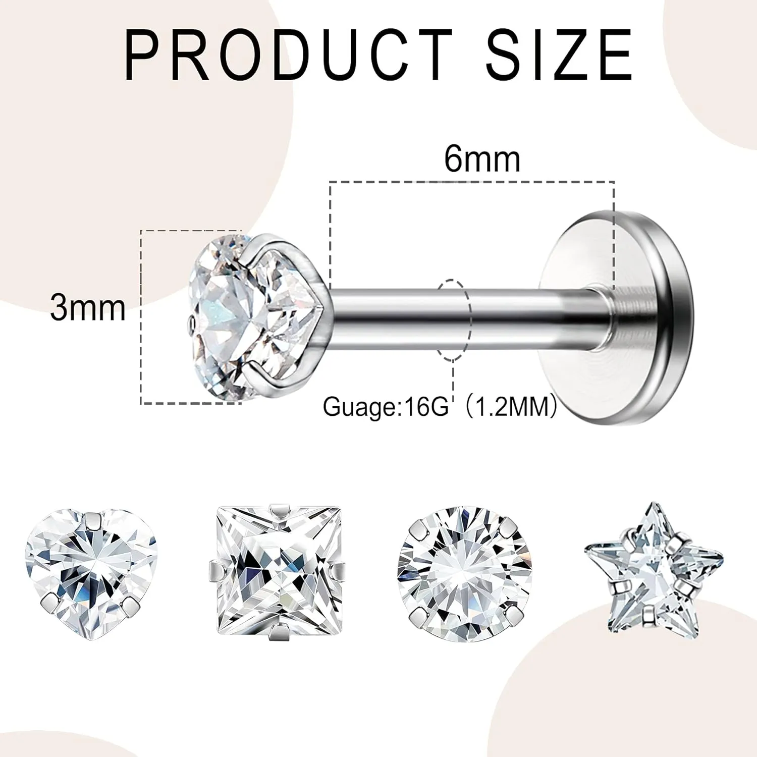 Drperfect 16G Internally Threaded Labret Stud Lip Rings Medusa Monroe Piercing 316L Stainless Steel CZ Cartilage Tragus Piercing Jewelry Forward Helix Earrings Nose Piercing 6mm 8mm 10mm