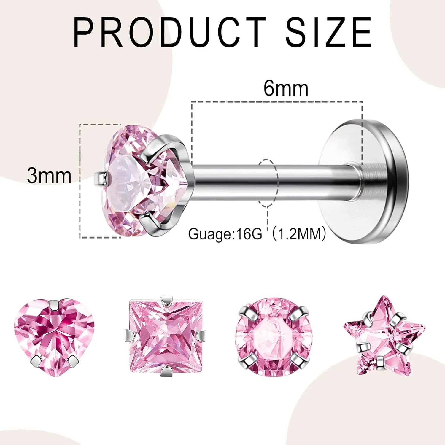 Drperfect 16G Internally Threaded Labret Stud Lip Rings Medusa Monroe Piercing 316L Stainless Steel CZ Cartilage Tragus Piercing Jewelry Forward Helix Earrings Nose Piercing 6mm 8mm 10mm