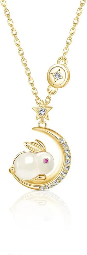 Dtja Gold Plated Rabbit Moon Pendant Necklace for Women Girls Cubic Zirconia Artificial Jade Bunny Animal Adjustable Choker Chain Necklaces Delicate Cute Easter Birthday Holiday Jewelry Gift 18 inch