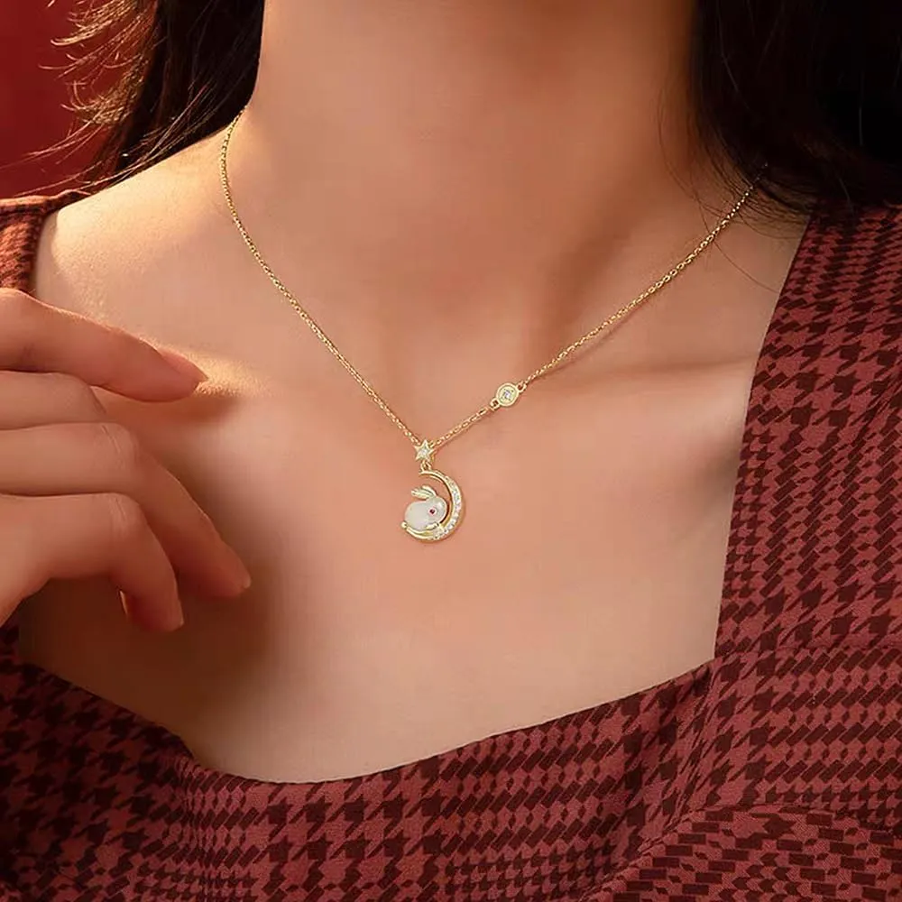 Dtja Gold Plated Rabbit Moon Pendant Necklace for Women Girls Cubic Zirconia Artificial Jade Bunny Animal Adjustable Choker Chain Necklaces Delicate Cute Easter Birthday Holiday Jewelry Gift 18 inch