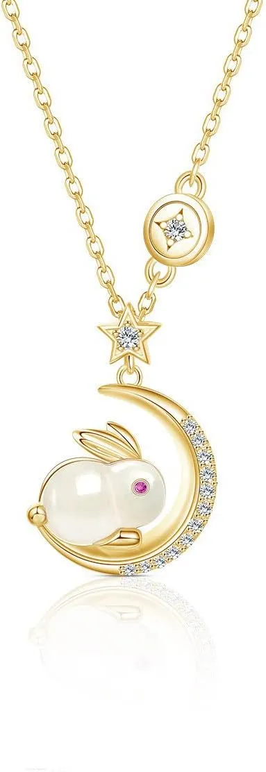 Dtja Gold Plated Rabbit Moon Pendant Necklace for Women Girls Cubic Zirconia Artificial Jade Bunny Animal Adjustable Choker Chain Necklaces Delicate Cute Easter Birthday Holiday Jewelry Gift 18 inch