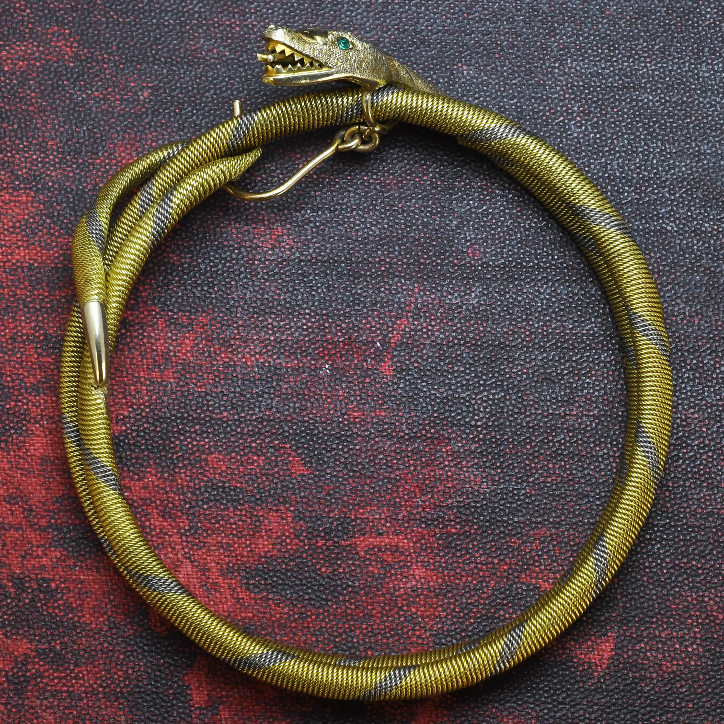 Edwardian 18k Gold & Platinum Emerald Snake Bangle
