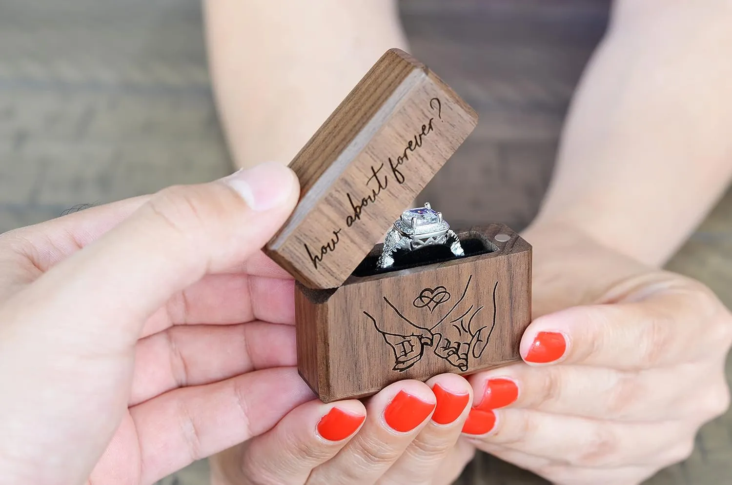 Engagement Ring Box for Proposal Slim Pocket Size Walnut Wooden Lighter Ring Box Engraved (How About Forever Pinky Promise)