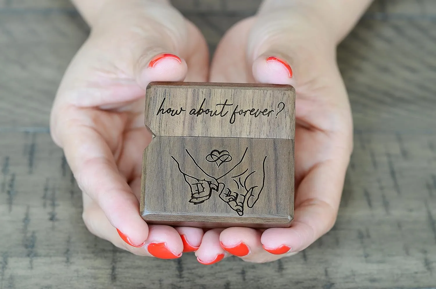 Engagement Ring Box for Proposal Slim Pocket Size Walnut Wooden Lighter Ring Box Engraved (How About Forever Pinky Promise)