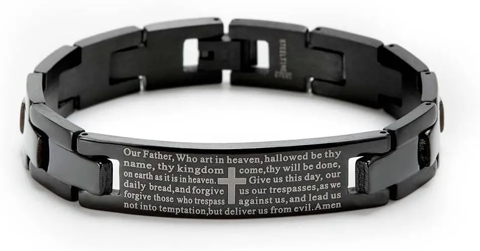 Engravable Lord's Prayer Bracelet for Him - Black Stainless Steel ID Bracelet - Men's Personalized Bracelets - Religious Gift for Him - Birthday Gift - Graduation Gift - Father's Day Gift