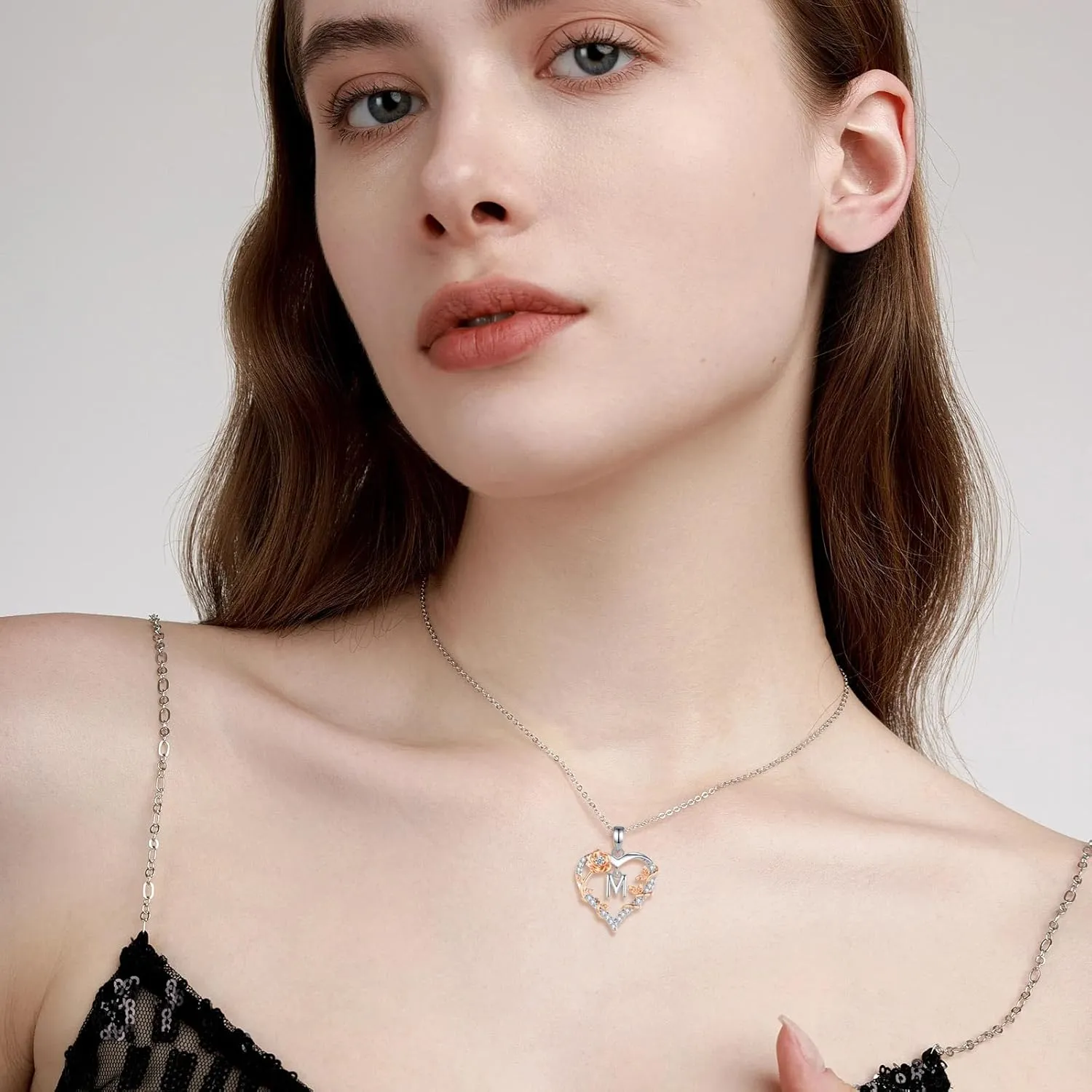 EUDORA Rose Heart Initial Necklace for Women Letter Alphabet Initial Necklaces Copper Rhodium Plated Pendant with Cubic Zirconia, Initials Jewelry Gifts for Women Wife Mother Daughter, 18"