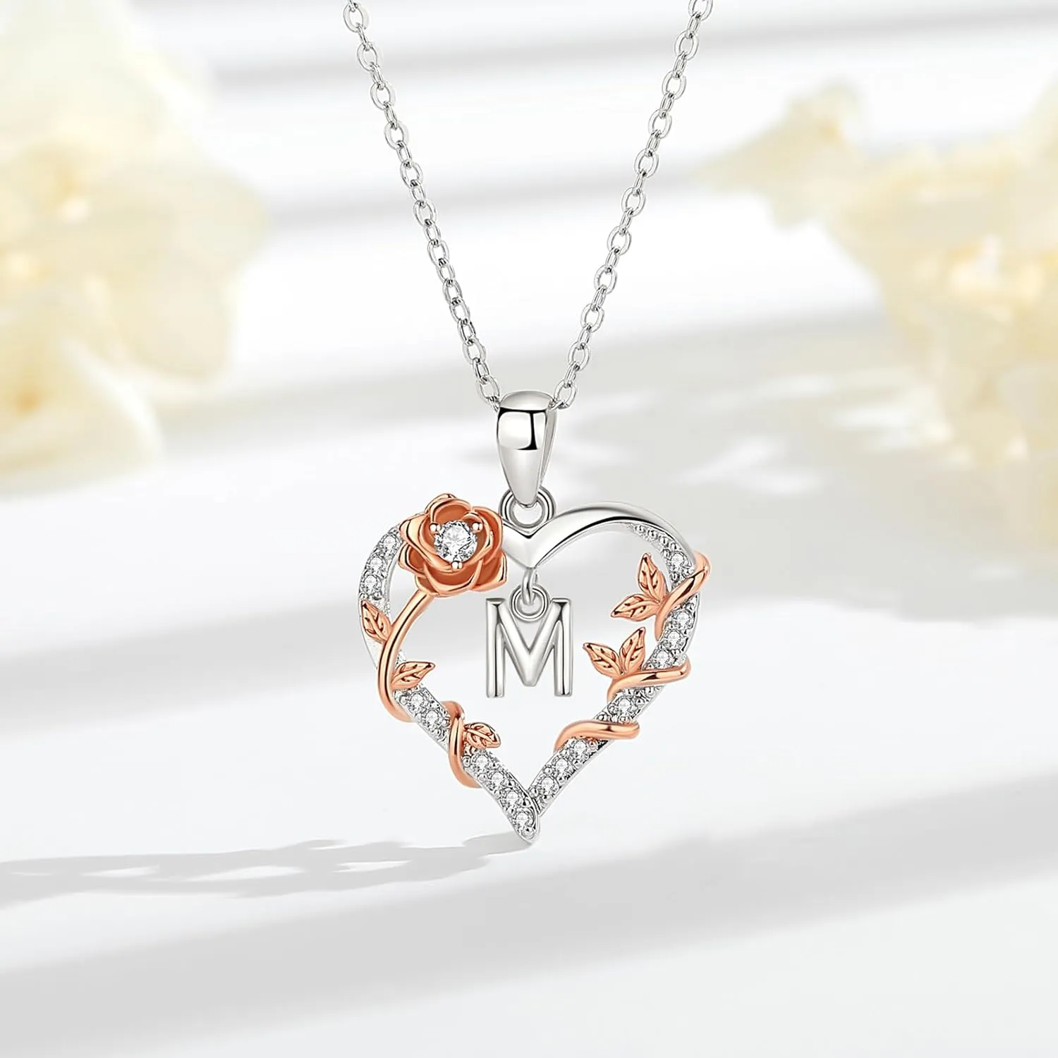 EUDORA Rose Heart Initial Necklace for Women Letter Alphabet Initial Necklaces Copper Rhodium Plated Pendant with Cubic Zirconia, Initials Jewelry Gifts for Women Wife Mother Daughter, 18"