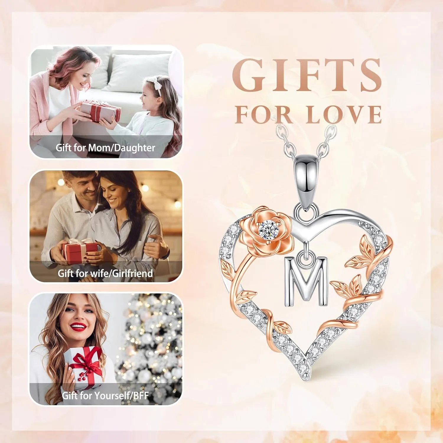 EUDORA Rose Heart Initial Necklace for Women Letter Alphabet Initial Necklaces Copper Rhodium Plated Pendant with Cubic Zirconia, Initials Jewelry Gifts for Women Wife Mother Daughter, 18"
