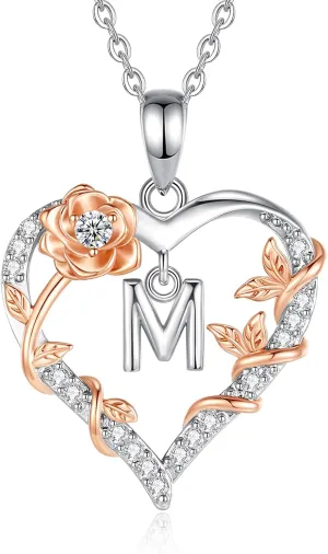 EUDORA Rose Heart Initial Necklace for Women Letter Alphabet Initial Necklaces Copper Rhodium Plated Pendant with Cubic Zirconia, Initials Jewelry Gifts for Women Wife Mother Daughter, 18"