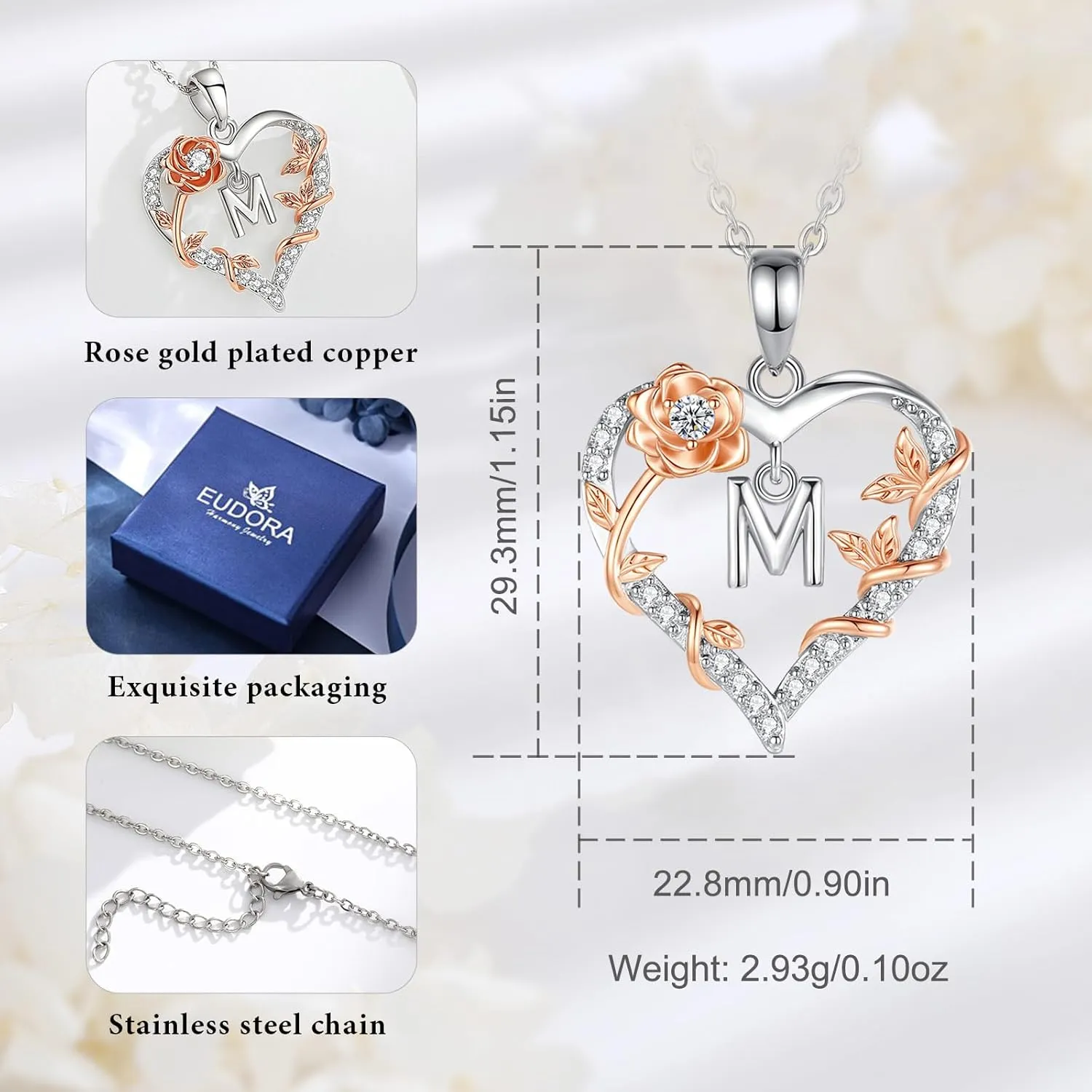EUDORA Rose Heart Initial Necklace for Women Letter Alphabet Initial Necklaces Copper Rhodium Plated Pendant with Cubic Zirconia, Initials Jewelry Gifts for Women Wife Mother Daughter, 18"