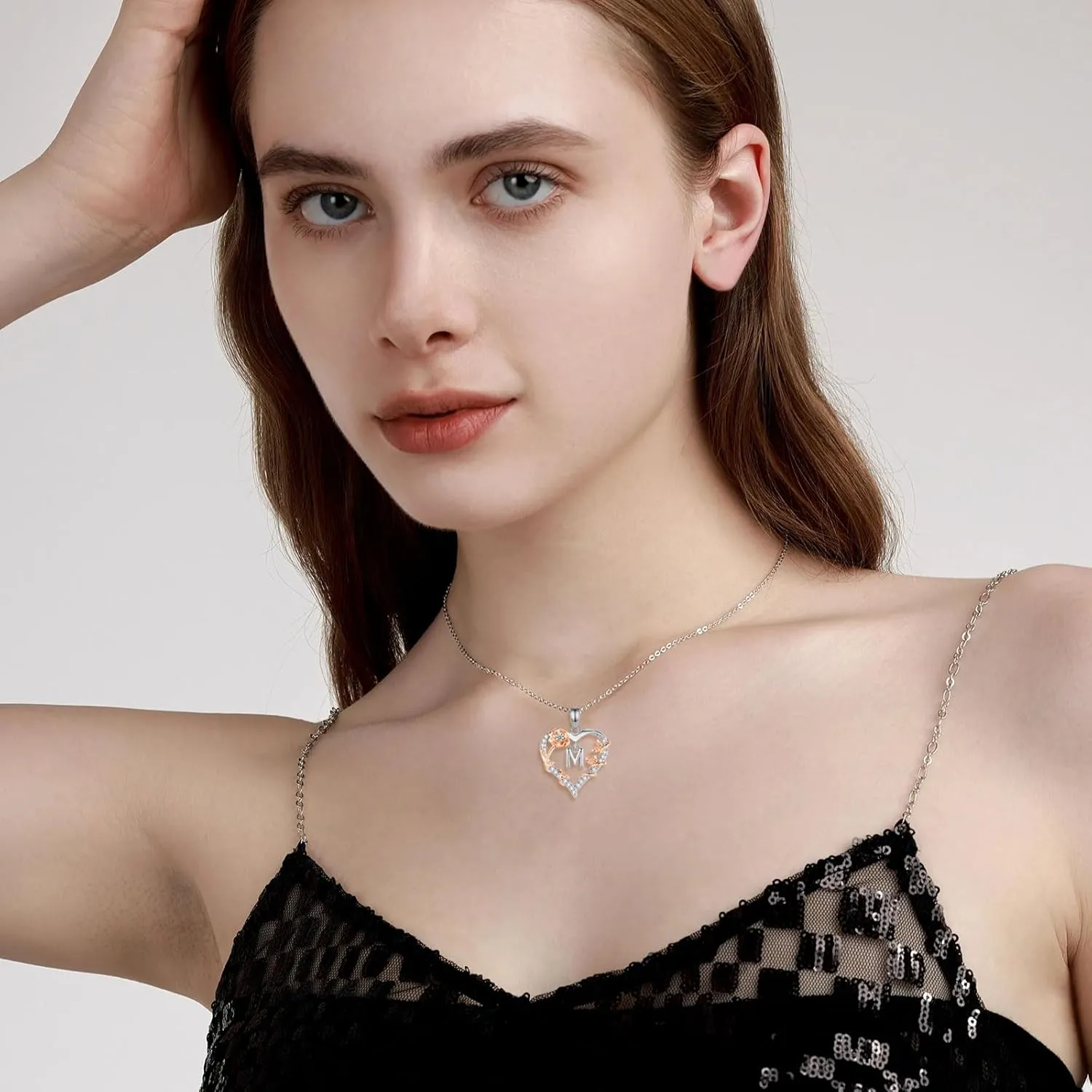 EUDORA Rose Heart Initial Necklace for Women Letter Alphabet Initial Necklaces Copper Rhodium Plated Pendant with Cubic Zirconia, Initials Jewelry Gifts for Women Wife Mother Daughter, 18"