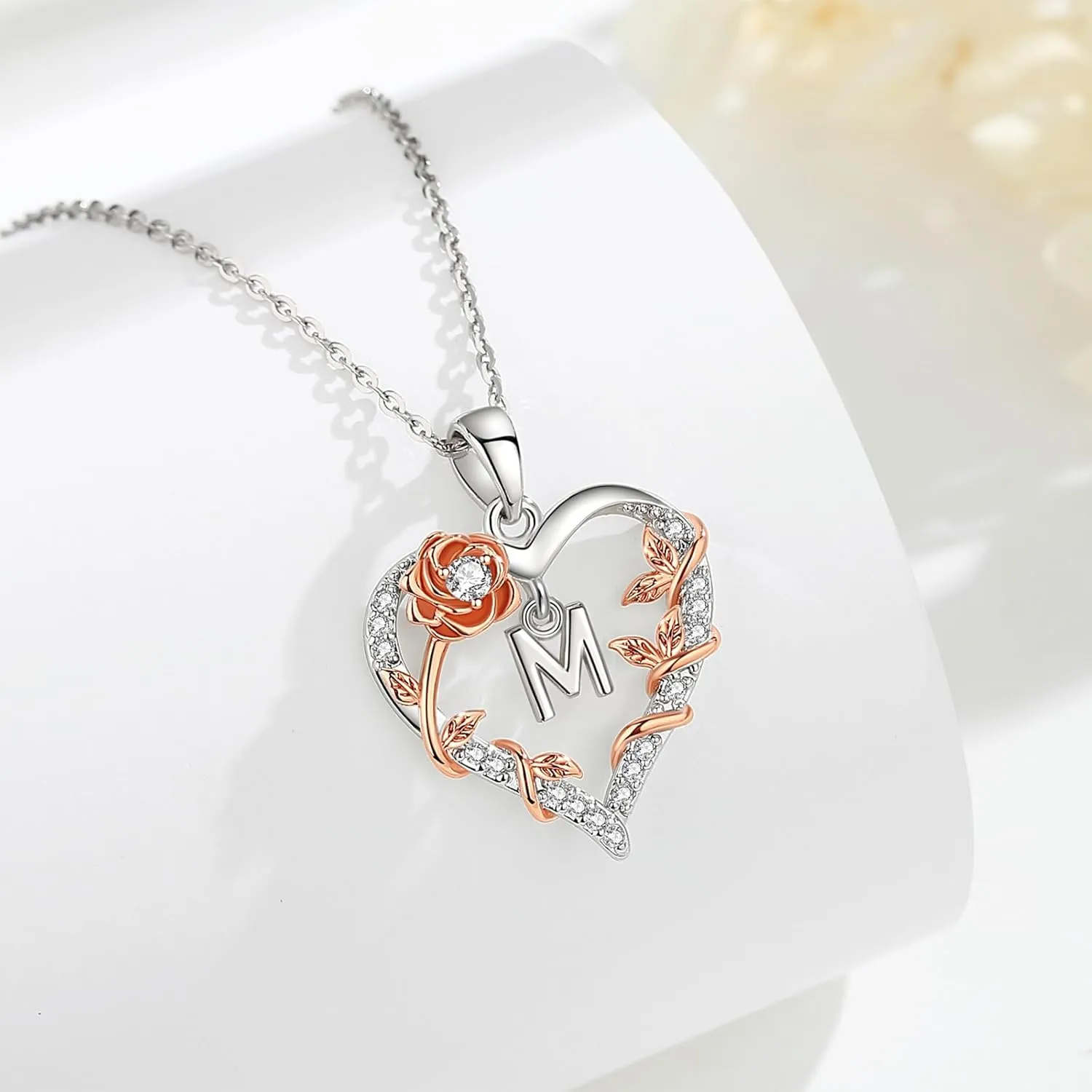 EUDORA Rose Heart Initial Necklace for Women Letter Alphabet Initial Necklaces Copper Rhodium Plated Pendant with Cubic Zirconia, Initials Jewelry Gifts for Women Wife Mother Daughter, 18"