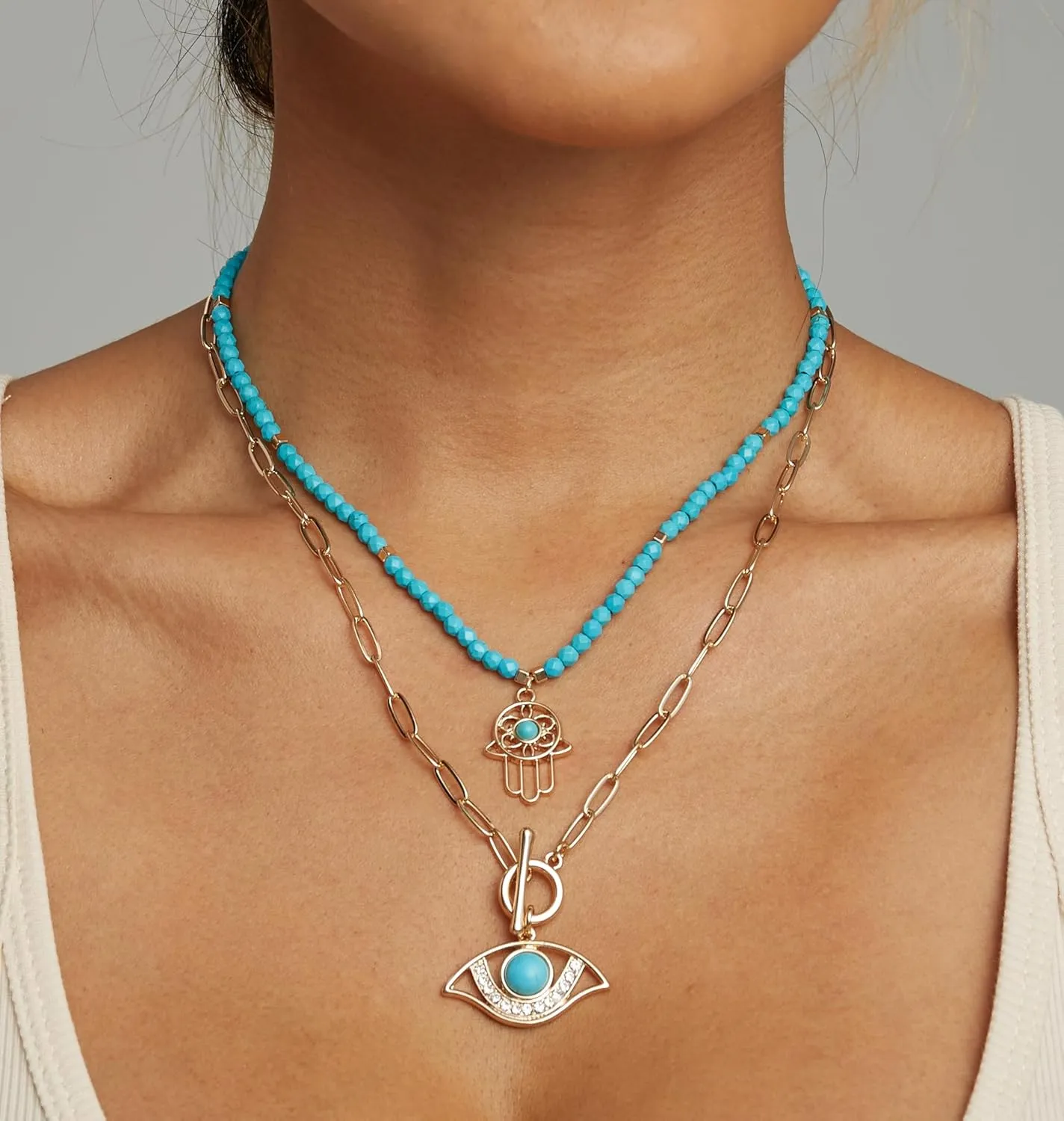 Evil Eye Necklace for Women, Layerd Paper Clip Chain Necklace with Evil Eye Pendant Necklace,Strand Turquoise Bead Hot Pin Beaded Evil Eye Long Neckalce for Women