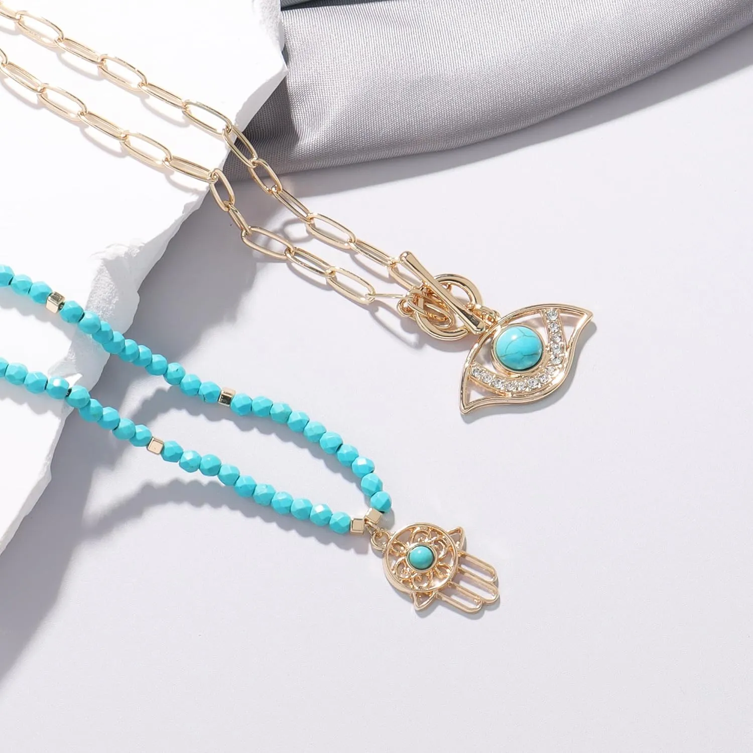 Evil Eye Necklace for Women, Layerd Paper Clip Chain Necklace with Evil Eye Pendant Necklace,Strand Turquoise Bead Hot Pin Beaded Evil Eye Long Neckalce for Women