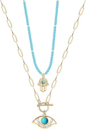 Evil Eye Necklace for Women, Layerd Paper Clip Chain Necklace with Evil Eye Pendant Necklace,Strand Turquoise Bead Hot Pin Beaded Evil Eye Long Neckalce for Women