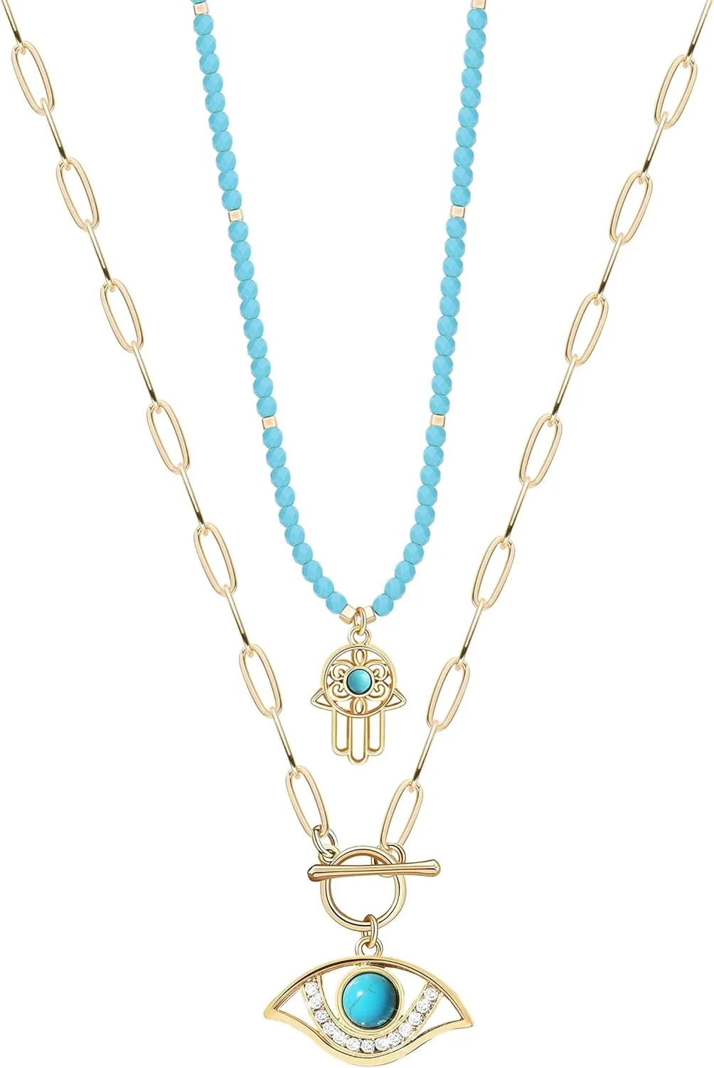 Evil Eye Necklace for Women, Layerd Paper Clip Chain Necklace with Evil Eye Pendant Necklace,Strand Turquoise Bead Hot Pin Beaded Evil Eye Long Neckalce for Women