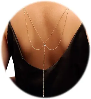 Eyraevor Layered Back Chain Necklace Wedding Bridal Gold-Toned Crystal Backdro Necklace Body Jewelry for Backless Dresses