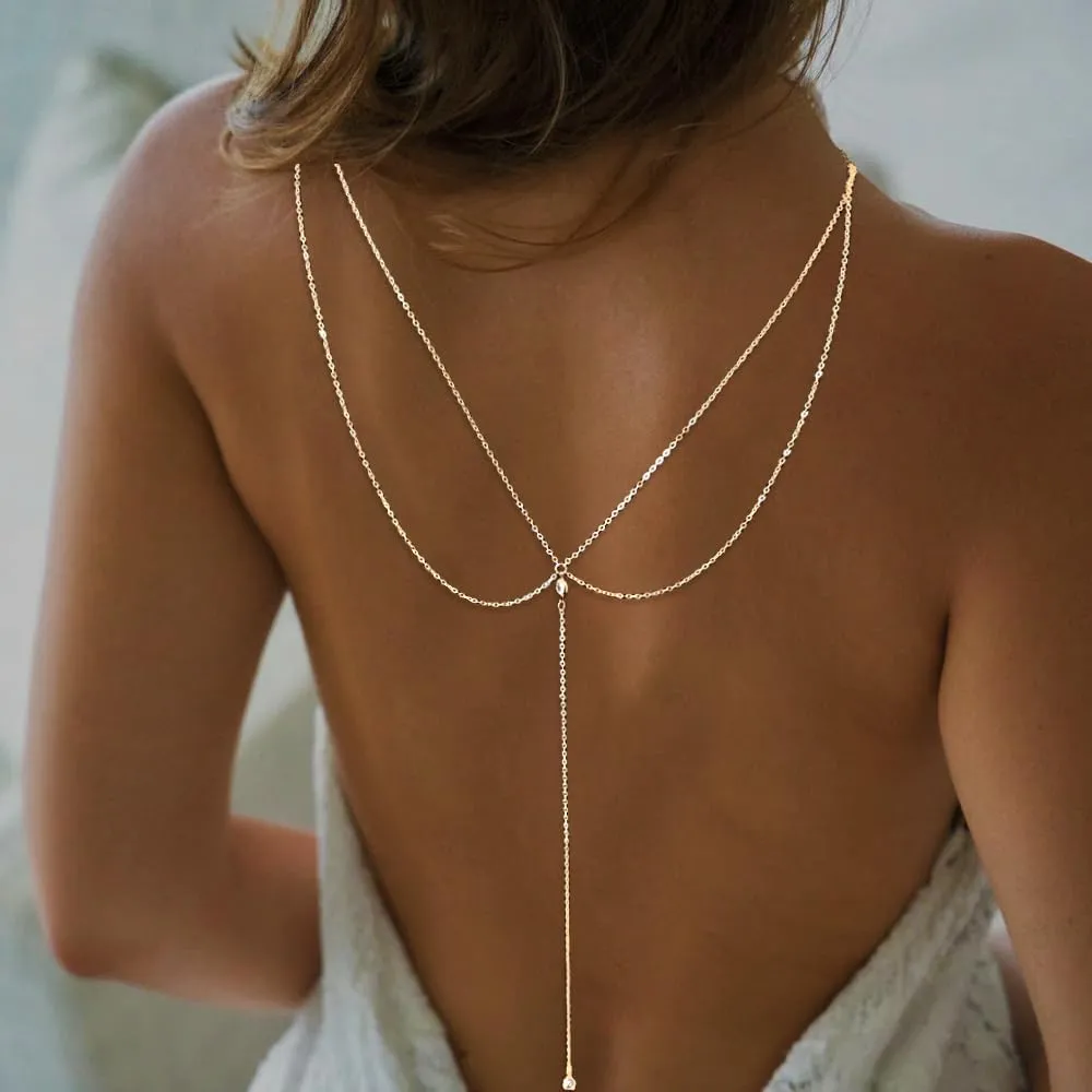 Eyraevor Layered Back Chain Necklace Wedding Bridal Gold-Toned Crystal Backdro Necklace Body Jewelry for Backless Dresses