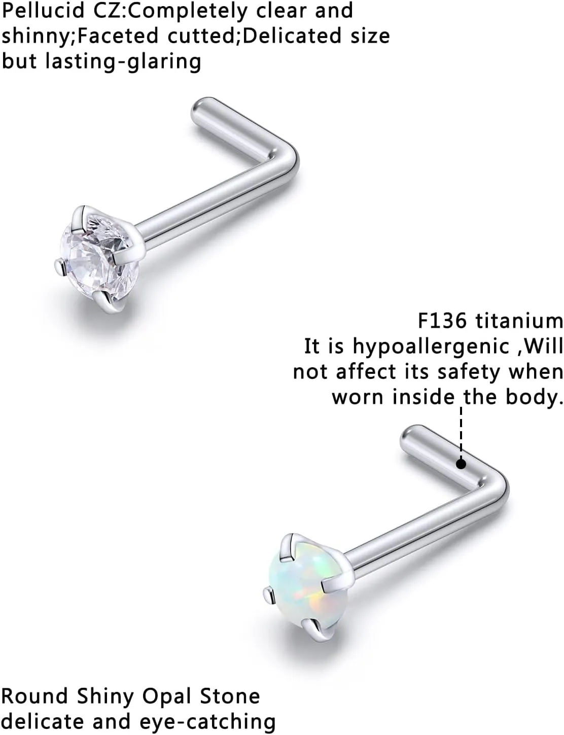 F136 Titanium Nose Rings Studs 20G Straight Nose Stud L Shaped Nose Studs Nose Screw Studs Diamond Nose Stud Heart Nose Stud Corkscrew Nose Studs Opal Nose Stud Square Diamond Nose Stud