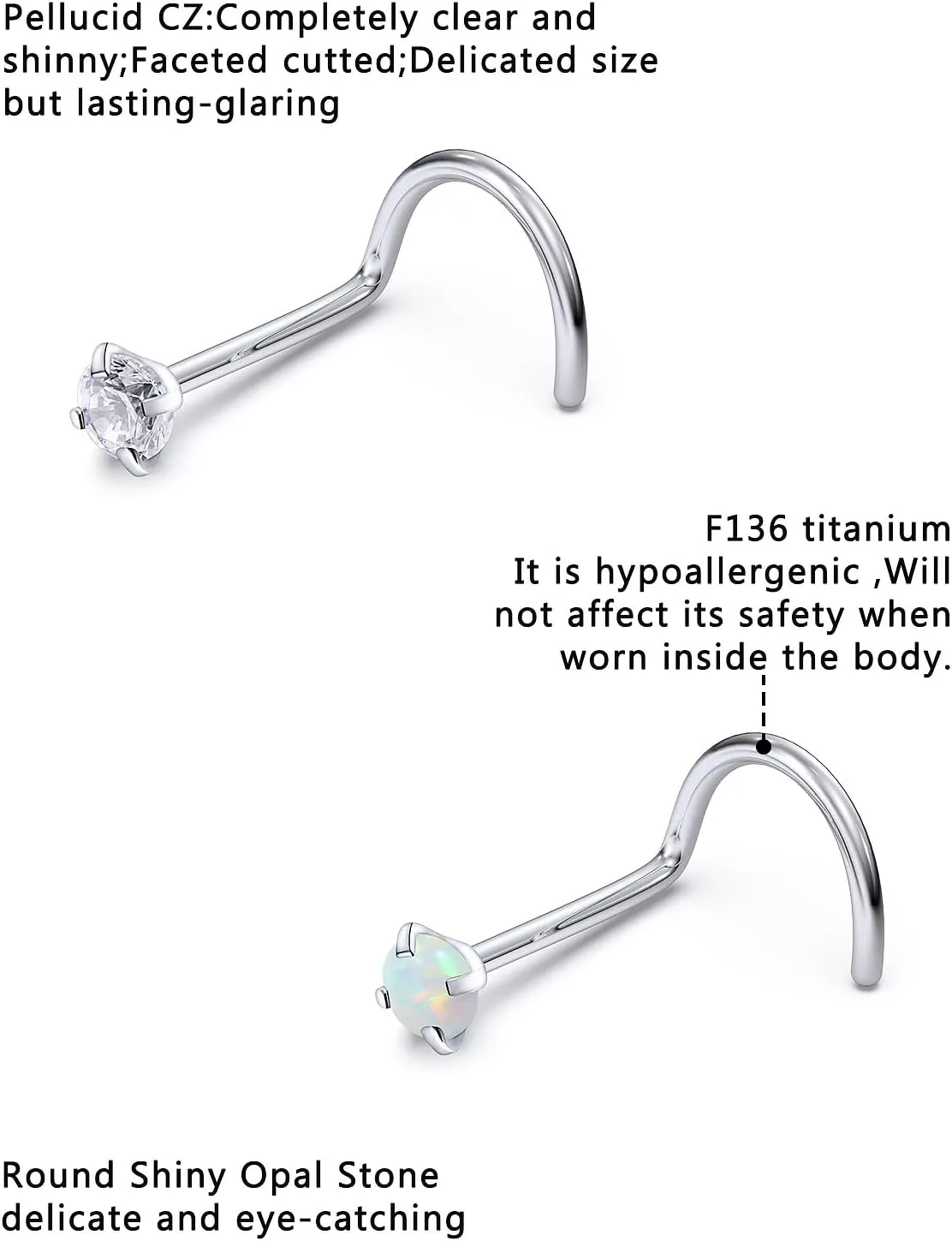 F136 Titanium Nose Rings Studs 20G Straight Nose Stud L Shaped Nose Studs Nose Screw Studs Diamond Nose Stud Heart Nose Stud Corkscrew Nose Studs Opal Nose Stud Square Diamond Nose Stud