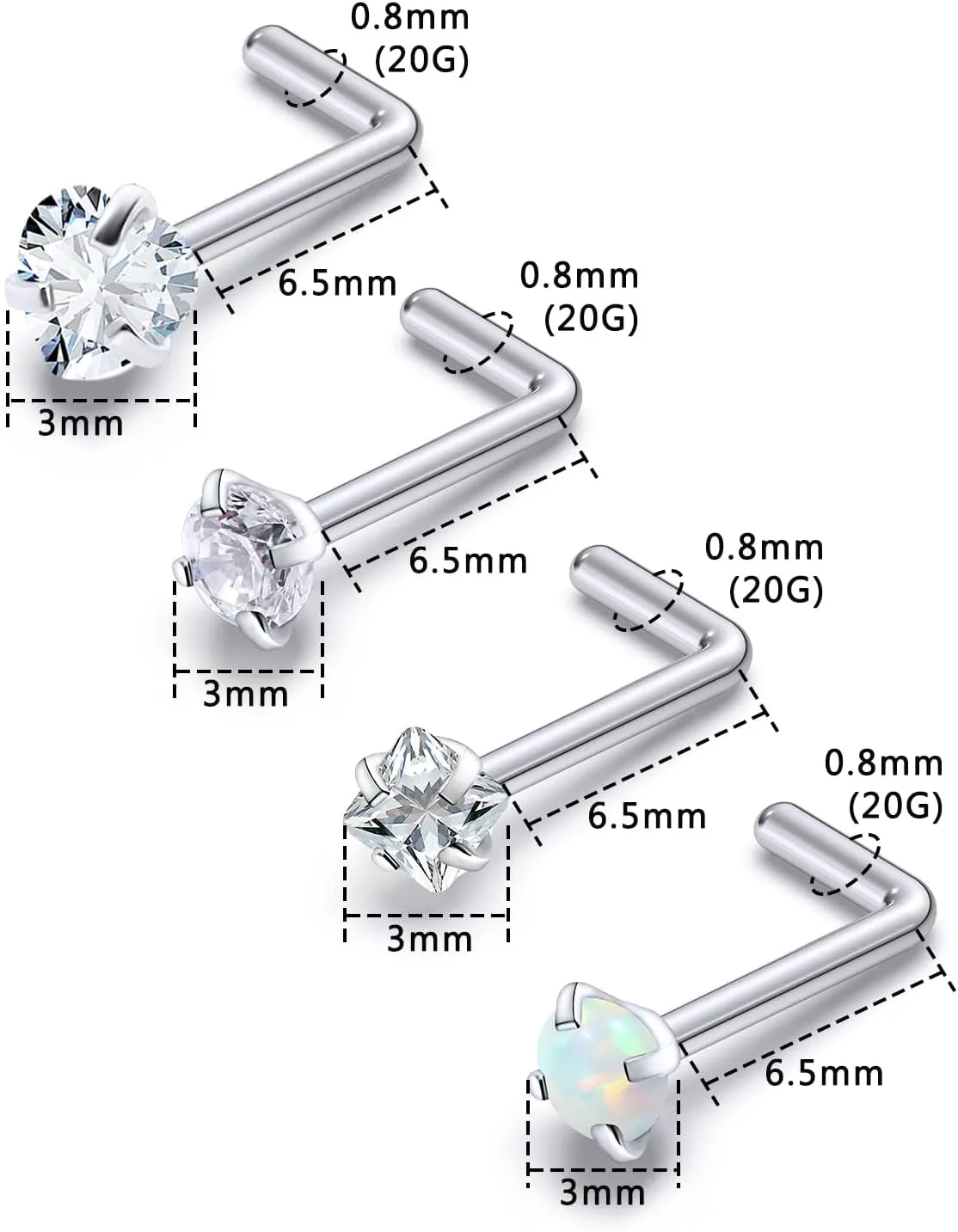 F136 Titanium Nose Rings Studs 20G Straight Nose Stud L Shaped Nose Studs Nose Screw Studs Diamond Nose Stud Heart Nose Stud Corkscrew Nose Studs Opal Nose Stud Square Diamond Nose Stud