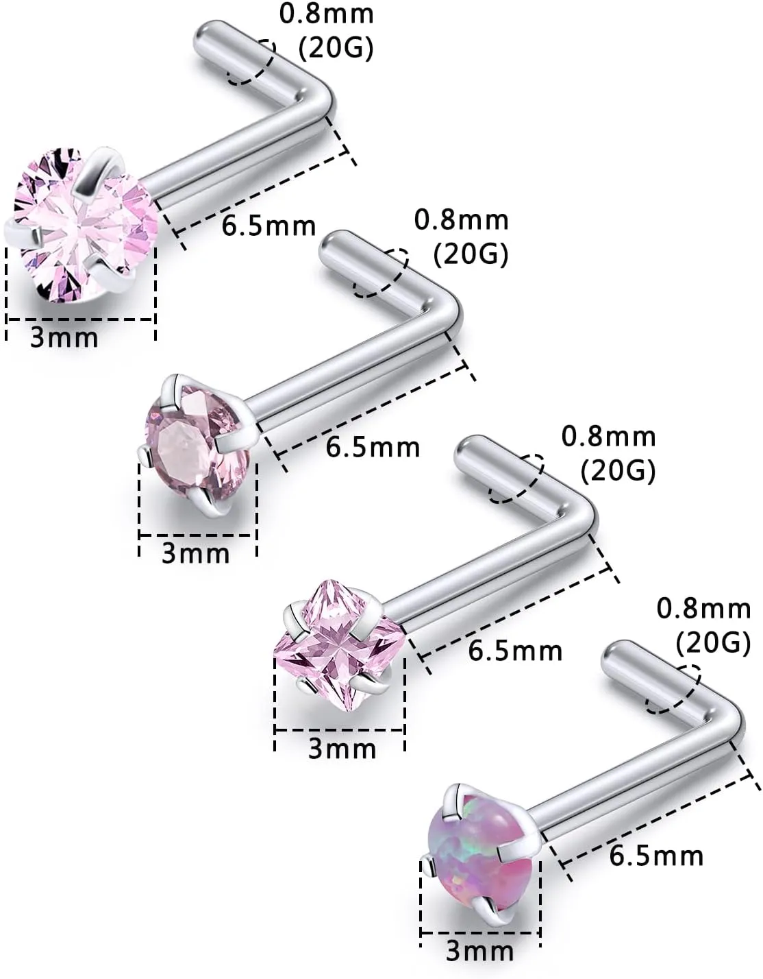 F136 Titanium Nose Rings Studs 20G Straight Nose Stud L Shaped Nose Studs Nose Screw Studs Diamond Nose Stud Heart Nose Stud Corkscrew Nose Studs Opal Nose Stud Square Diamond Nose Stud