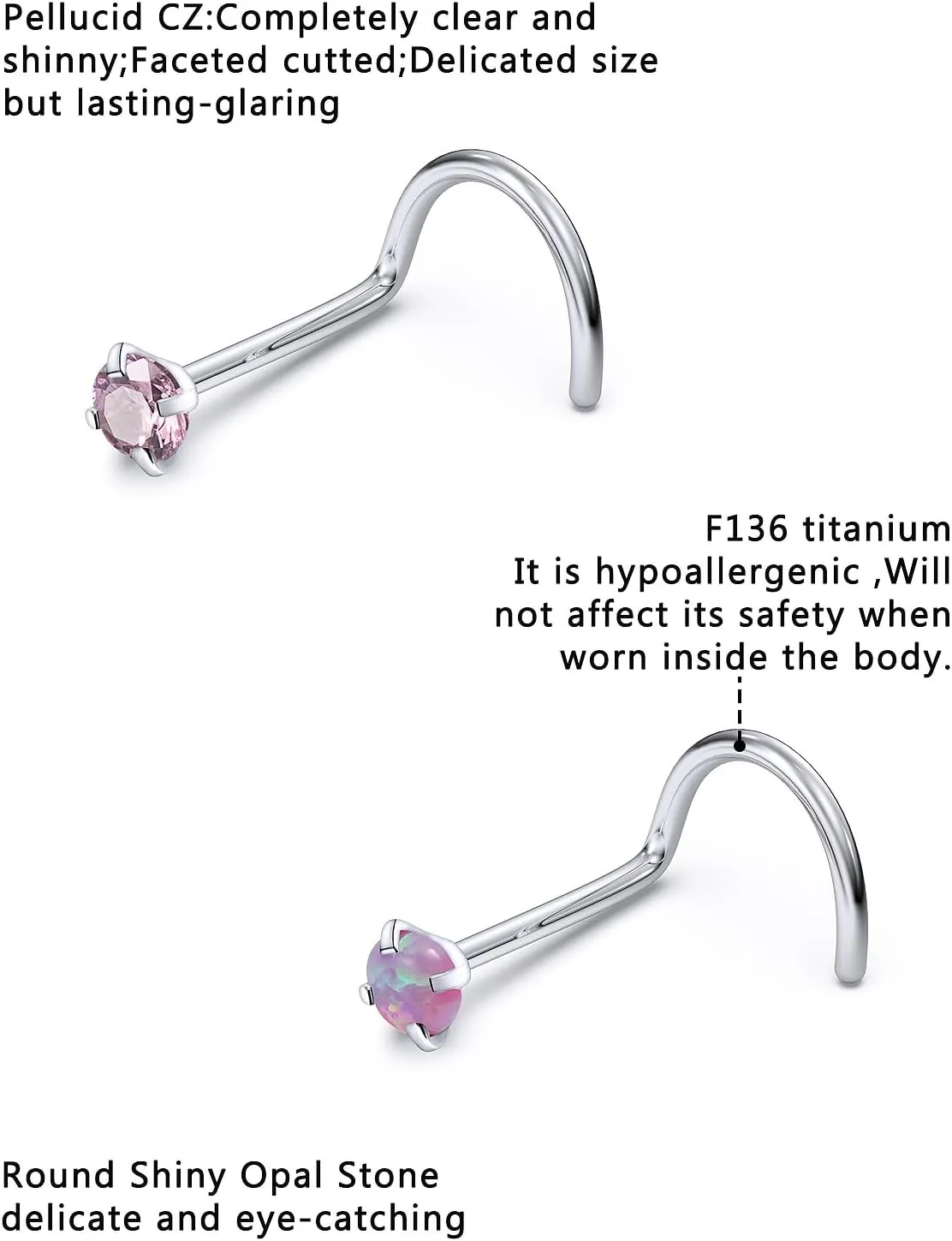 F136 Titanium Nose Rings Studs 20G Straight Nose Stud L Shaped Nose Studs Nose Screw Studs Diamond Nose Stud Heart Nose Stud Corkscrew Nose Studs Opal Nose Stud Square Diamond Nose Stud