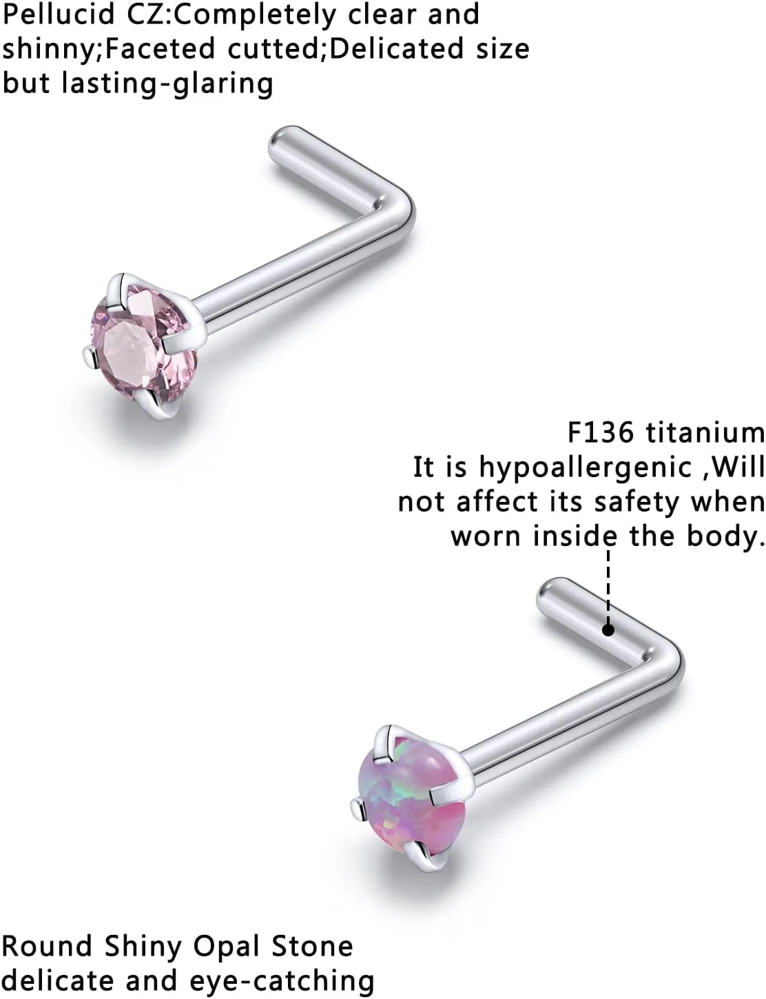 F136 Titanium Nose Rings Studs 20G Straight Nose Stud L Shaped Nose Studs Nose Screw Studs Diamond Nose Stud Heart Nose Stud Corkscrew Nose Studs Opal Nose Stud Square Diamond Nose Stud