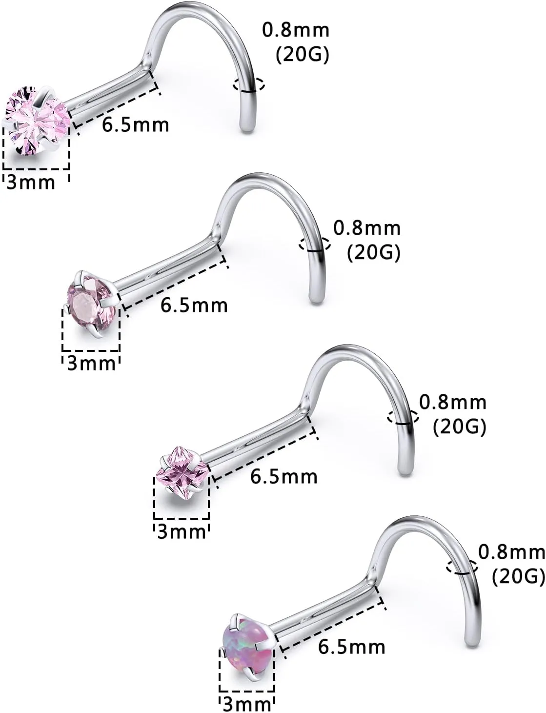 F136 Titanium Nose Rings Studs 20G Straight Nose Stud L Shaped Nose Studs Nose Screw Studs Diamond Nose Stud Heart Nose Stud Corkscrew Nose Studs Opal Nose Stud Square Diamond Nose Stud