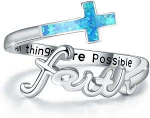 Faith Cross Ring, Sterling Silver Adjustable Abalone/Turquoise/Opal Religious Christian Inspiring Faith Rings for Women