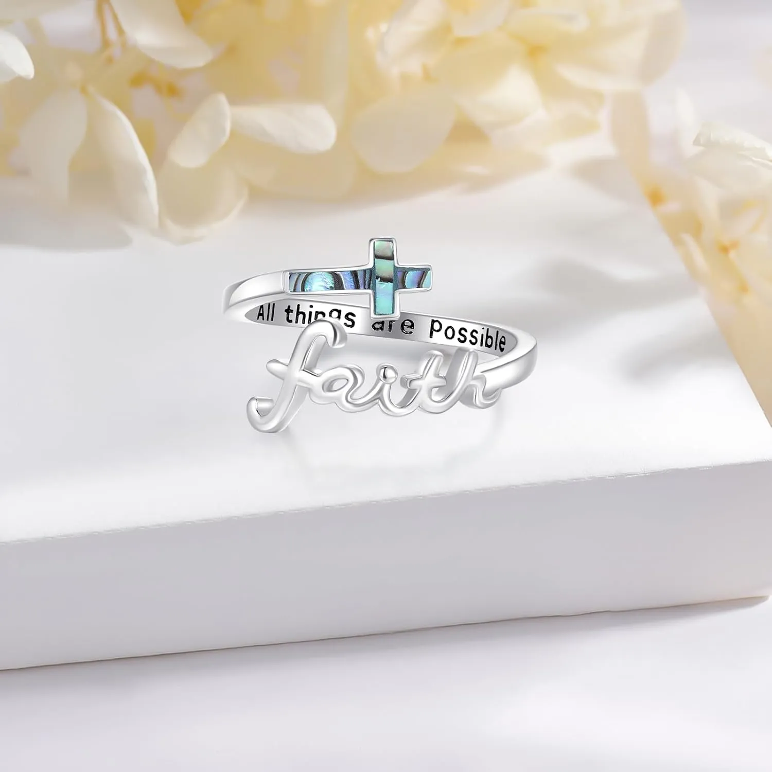 Faith Cross Ring, Sterling Silver Adjustable Abalone/Turquoise/Opal Religious Christian Inspiring Faith Rings for Women
