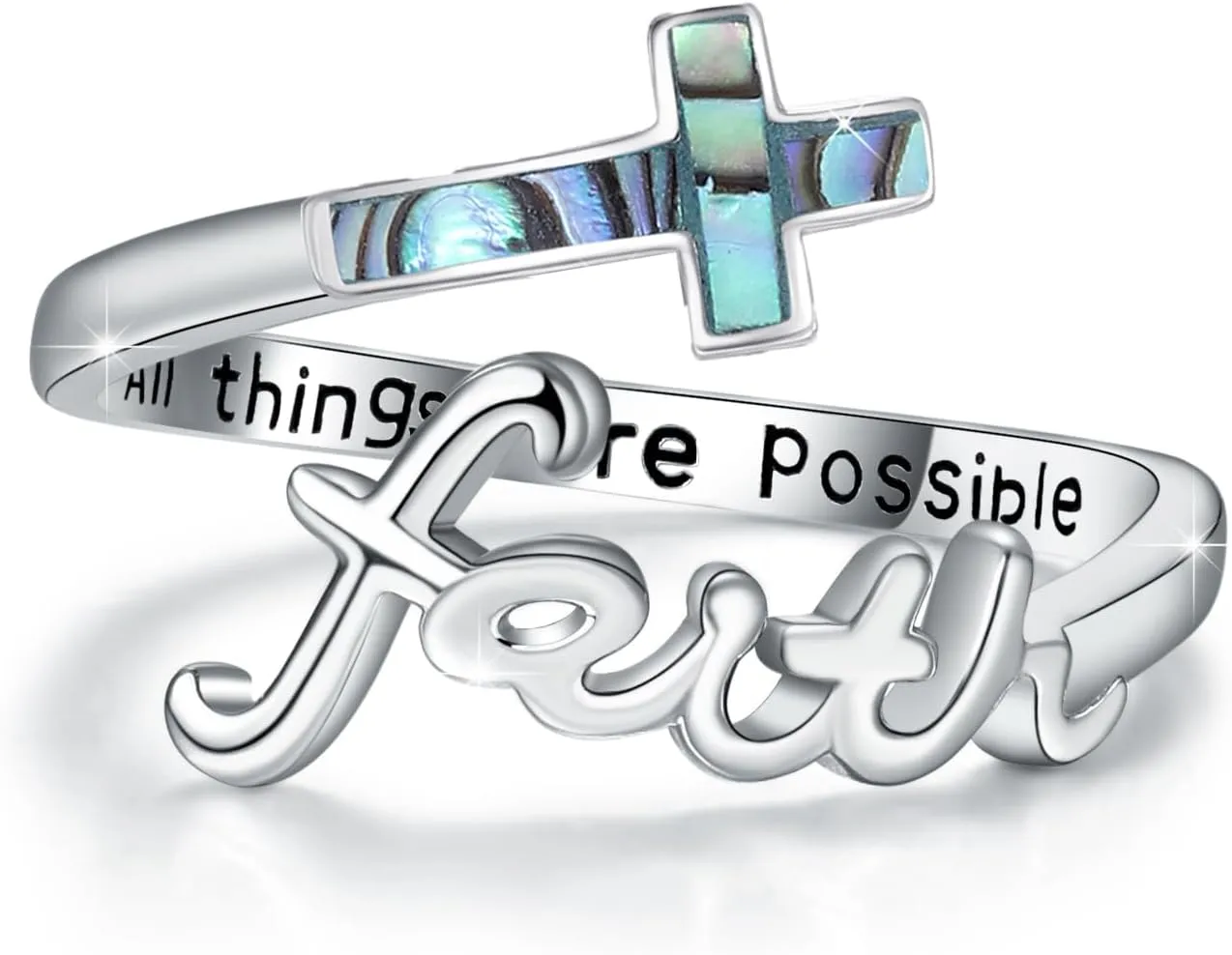 Faith Cross Ring, Sterling Silver Adjustable Abalone/Turquoise/Opal Religious Christian Inspiring Faith Rings for Women