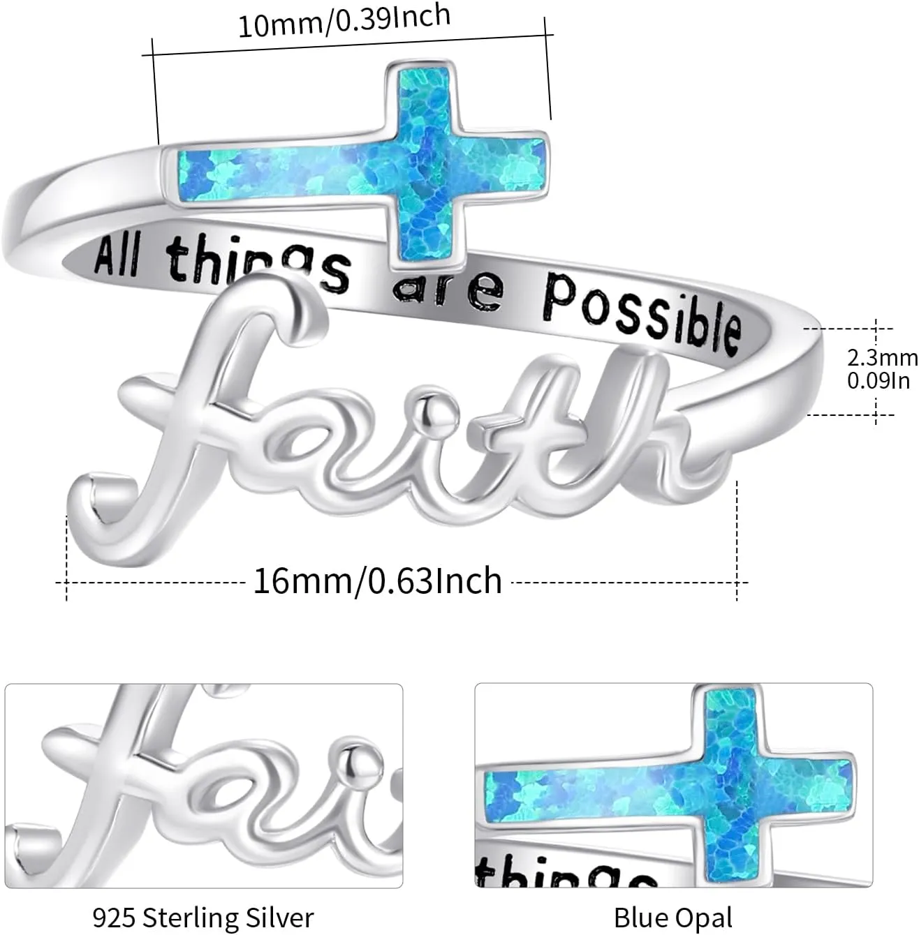 Faith Cross Ring, Sterling Silver Adjustable Abalone/Turquoise/Opal Religious Christian Inspiring Faith Rings for Women