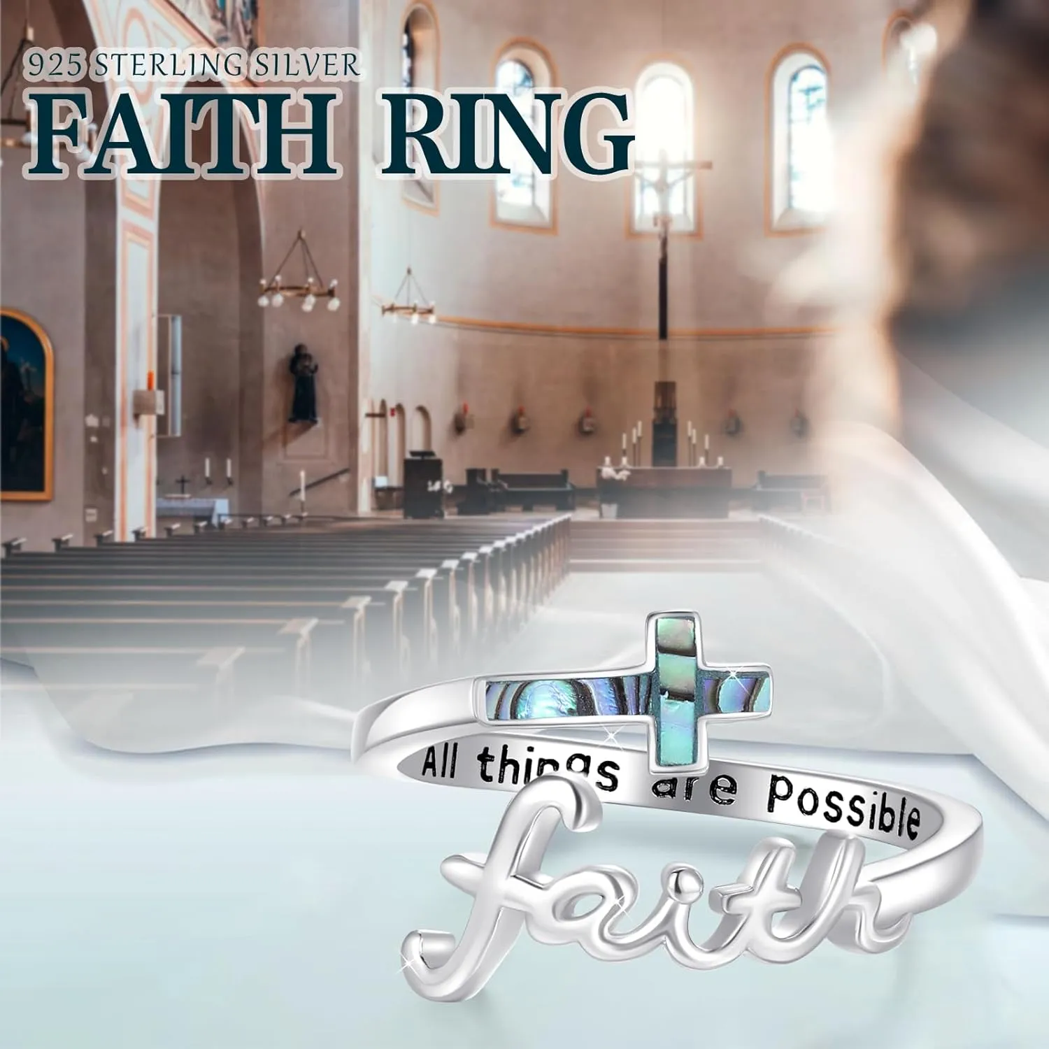 Faith Cross Ring, Sterling Silver Adjustable Abalone/Turquoise/Opal Religious Christian Inspiring Faith Rings for Women